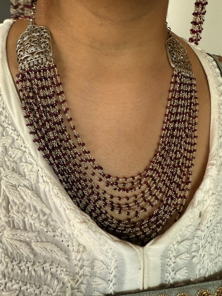 Handmade 925 Silver Red Garnet Beads Necklace Set | SHIVKA
