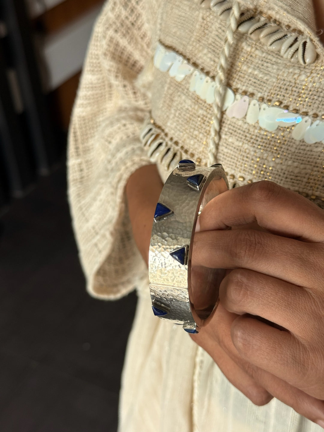 925 Silver Lapis Bangle | Textured Cuff | SHIVKA Jewelry