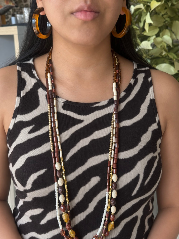 Antique Gold and Brown Beaded Necklace with Hoop Earrings