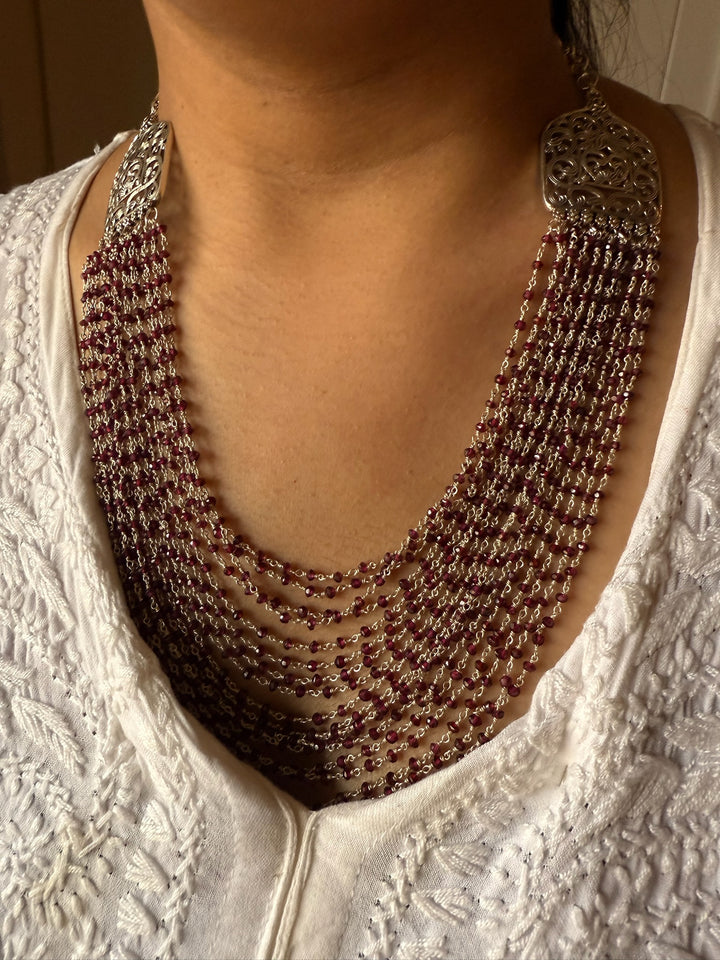 Handmade 925 Silver Red Garnet Beads Necklace Set | SHIVKA