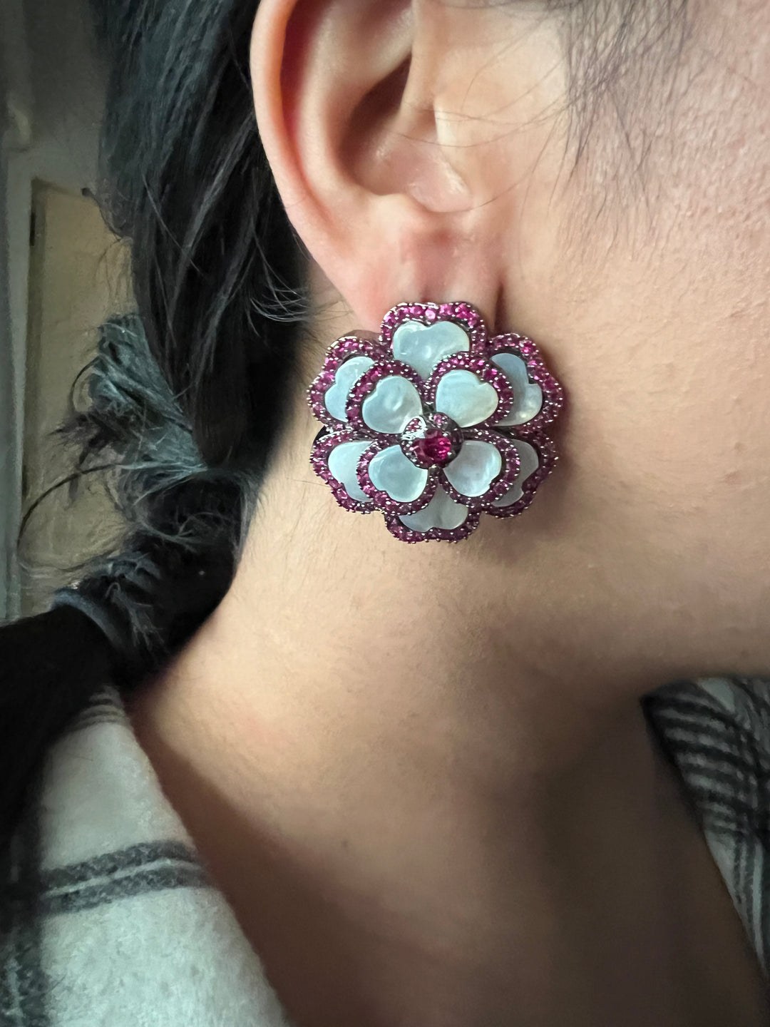 Elegant Designer Mother of Pearl (MOP) Stud Earrings | Brass & Stone Embellishments