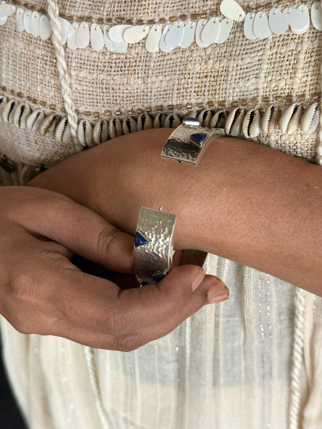 925 Silver Lapis Bangle | Textured Cuff | SHIVKA Jewelry