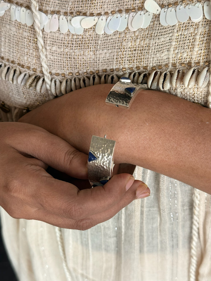 925 Silver Lapis Bangle | Textured Cuff | SHIVKA Jewelry