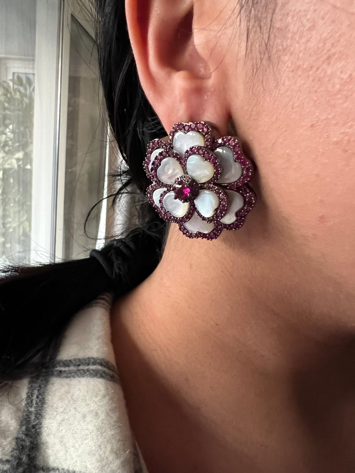 Elegant Designer Mother of Pearl (MOP) Stud Earrings | Brass & Stone Embellishments