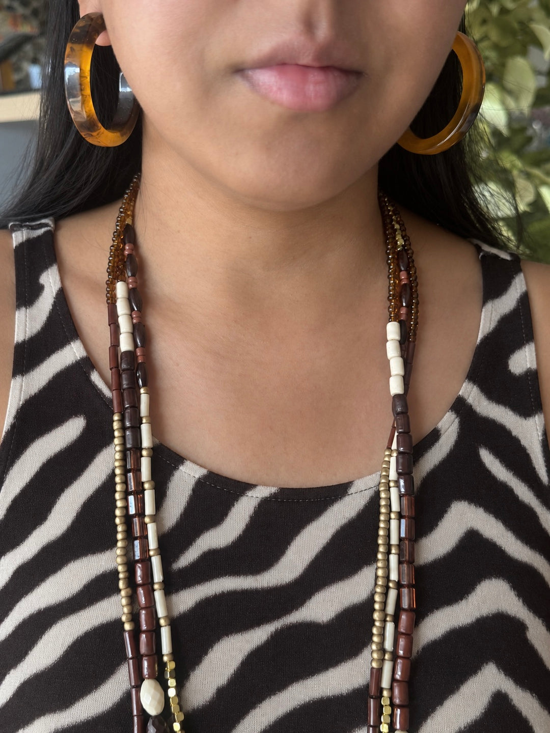 Antique Gold and Brown Beaded Necklace with Hoop Earrings