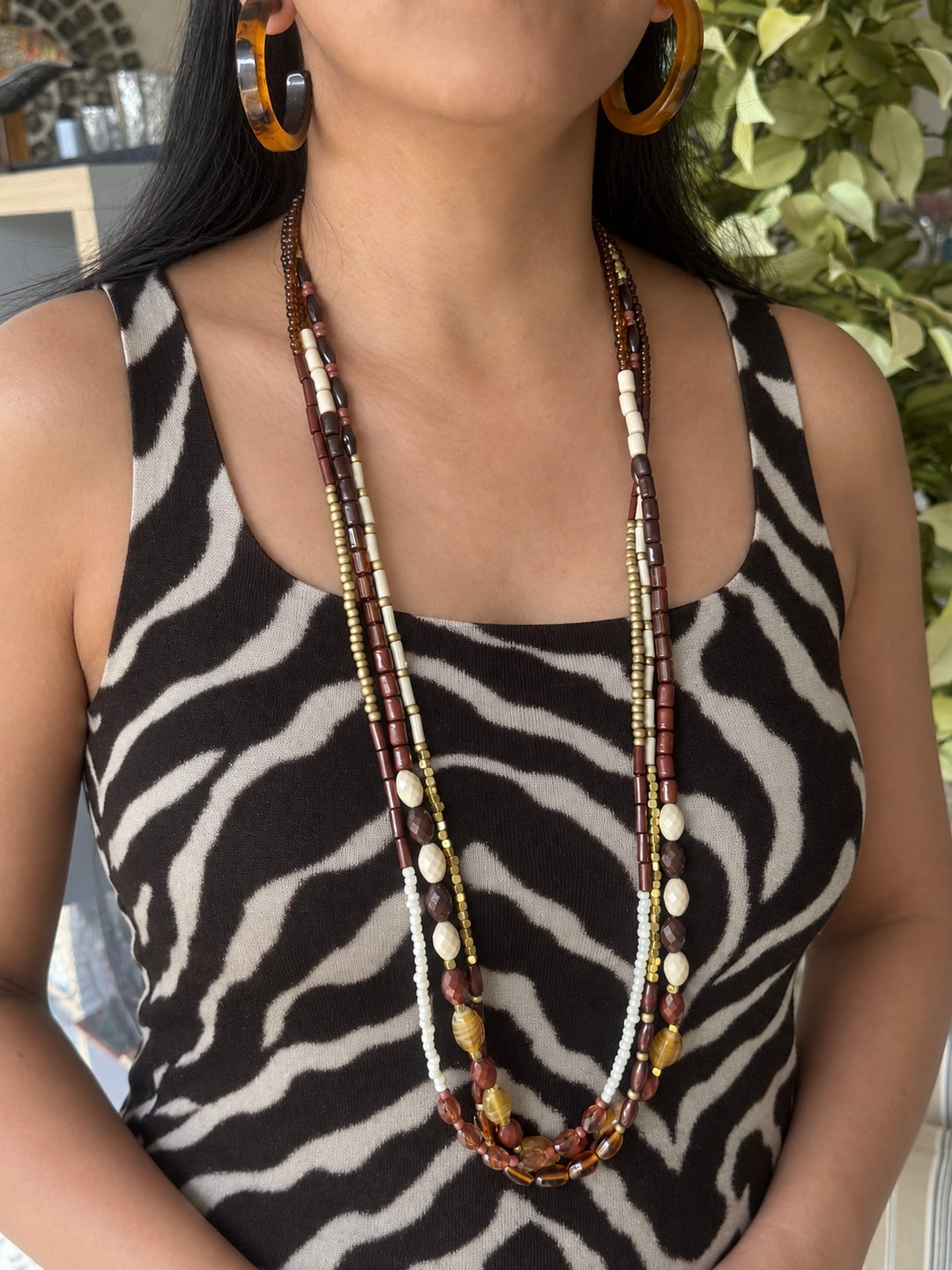 Antique Gold and Brown Beaded Necklace with Hoop Earrings