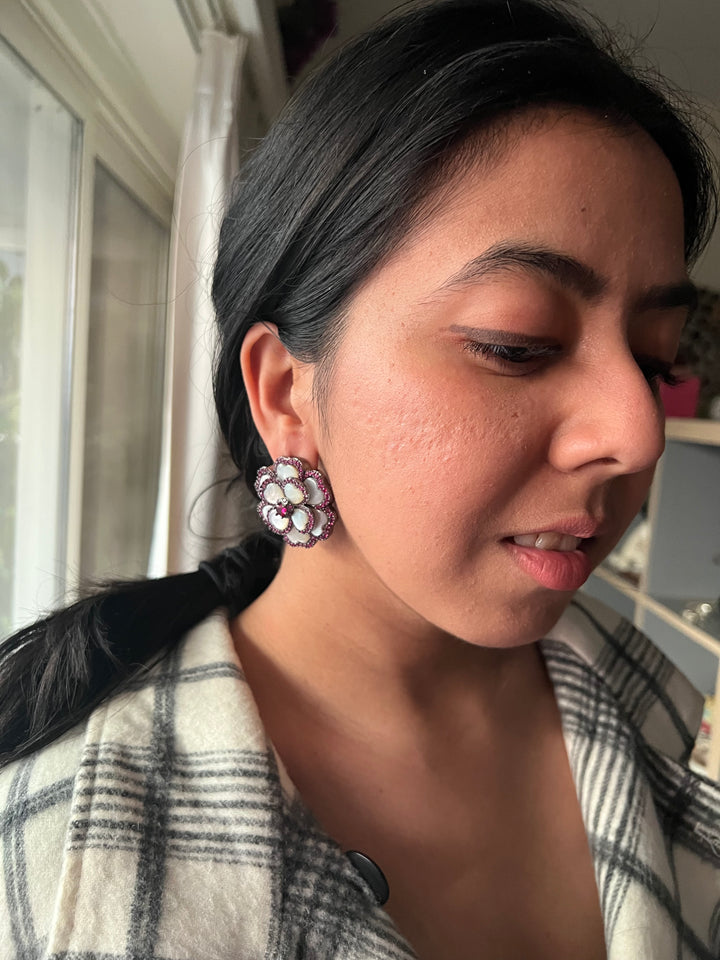 Elegant Designer Mother of Pearl (MOP) Stud Earrings | Brass & Stone Embellishments