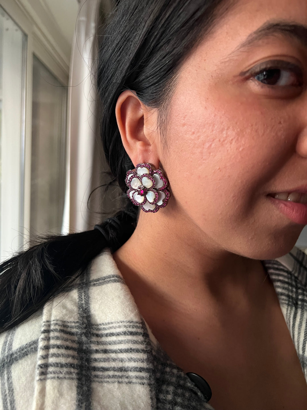 Elegant Designer Mother of Pearl (MOP) Stud Earrings | Brass & Stone Embellishments