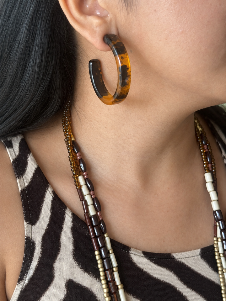 Antique Gold and Brown Beaded Necklace with Hoop Earrings