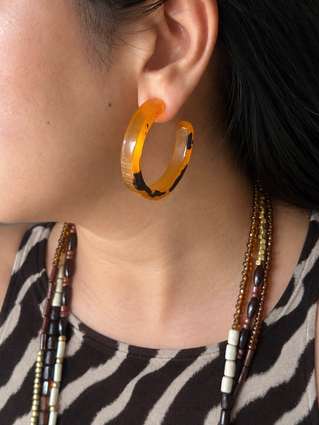 Antique Gold and Brown Beaded Necklace with Hoop Earrings