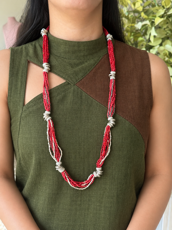 Red Beaded Necklace with Silver Spirals