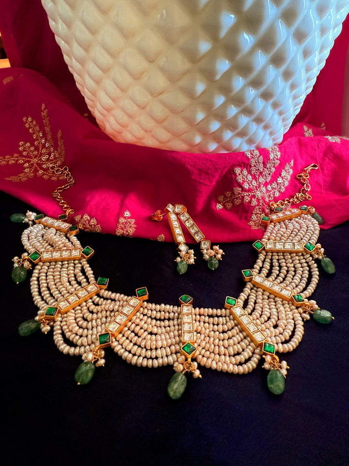 925 Silver Freshwater Pearl Kundan Necklace Set | SHIVKA