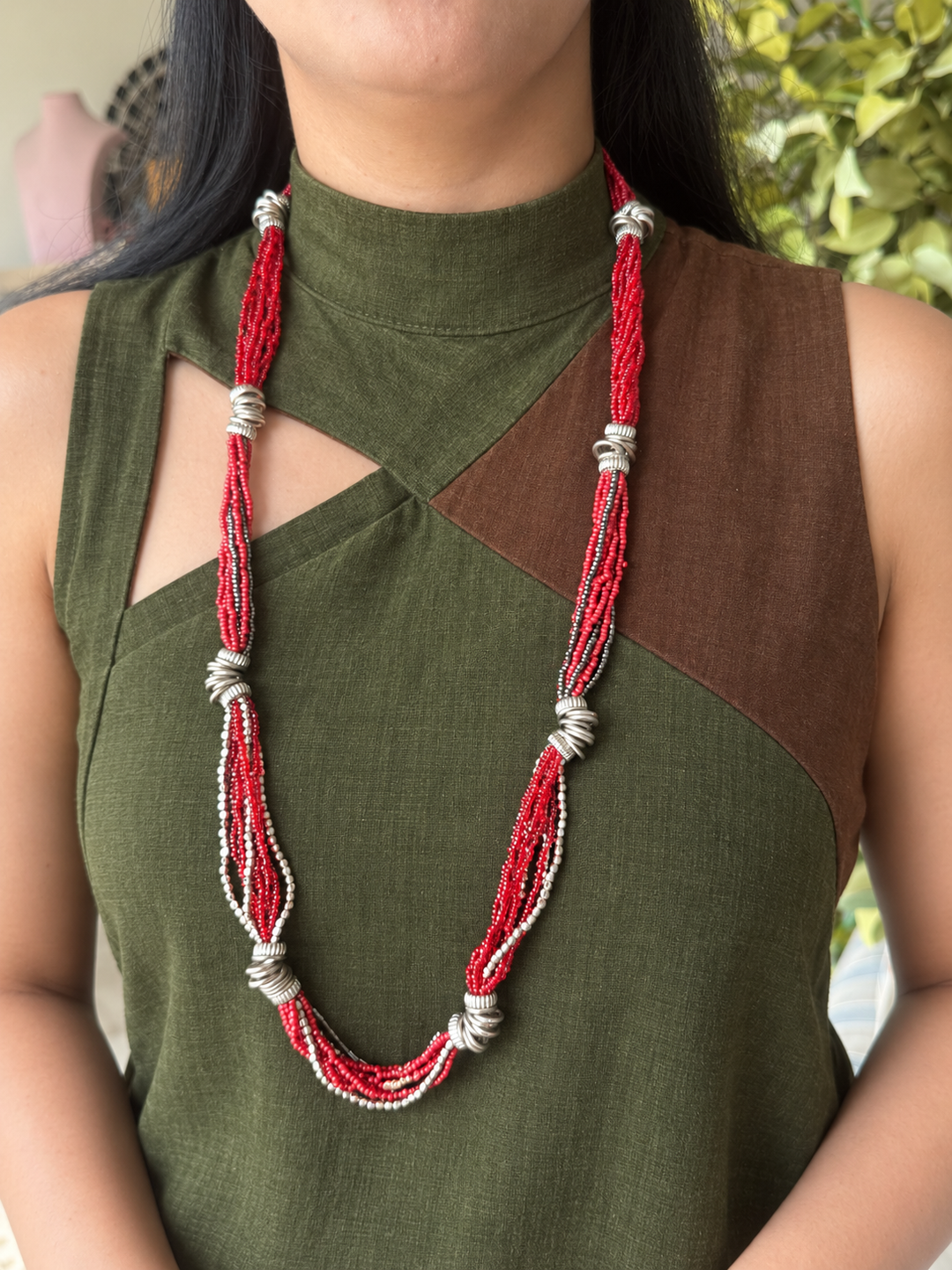 Red Beaded Necklace with Silver Spirals
