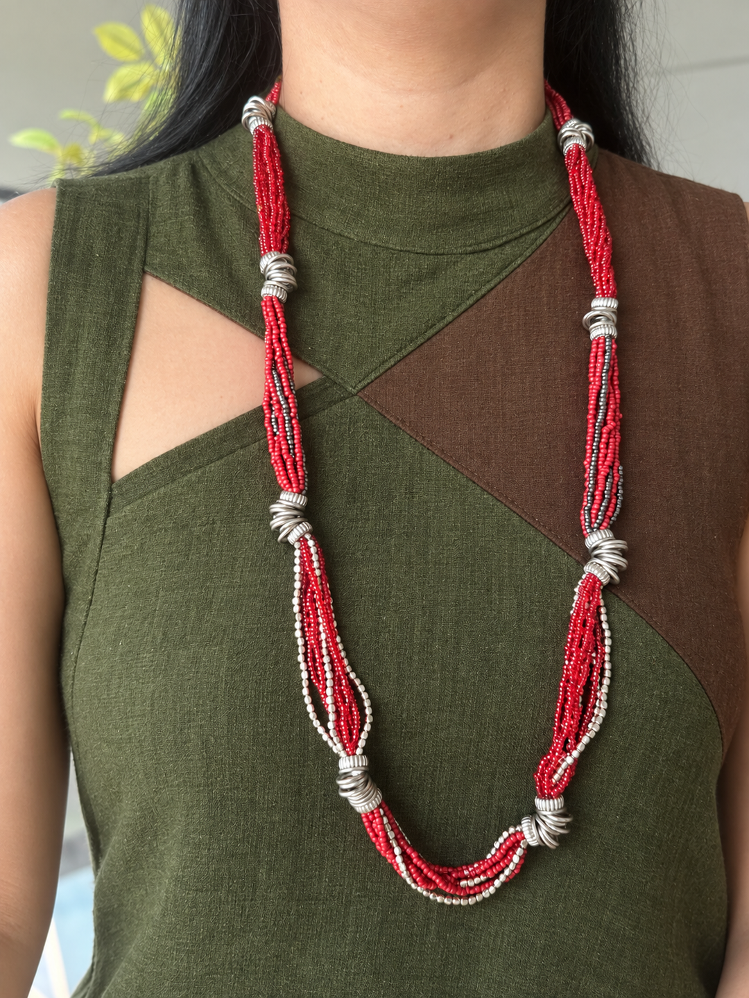Red Beaded Necklace with Silver Spirals