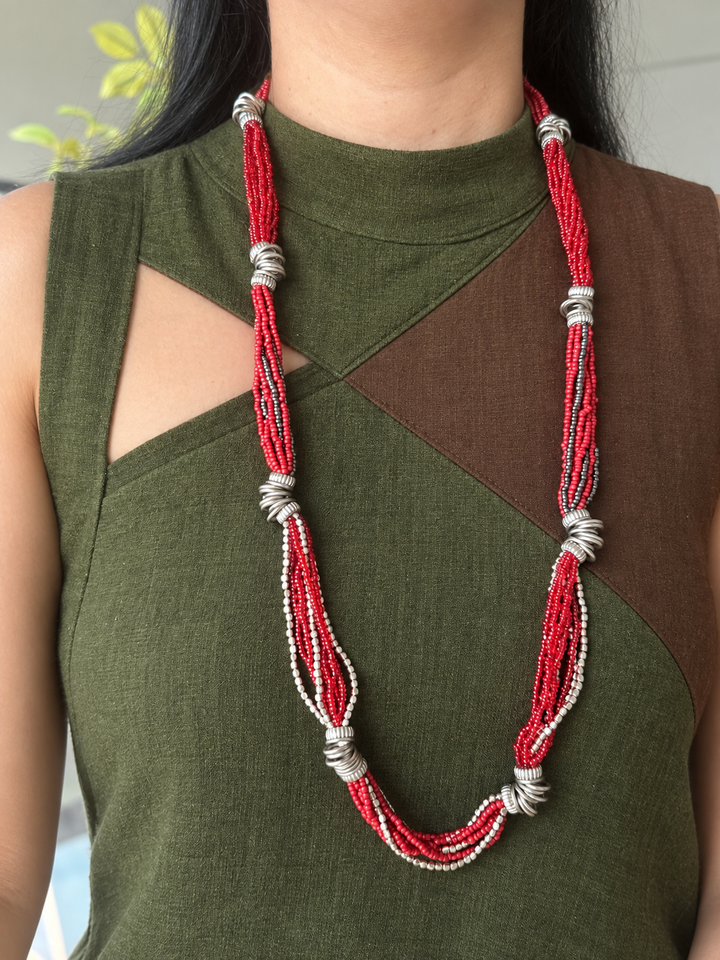 Red Beaded Necklace with Silver Spirals