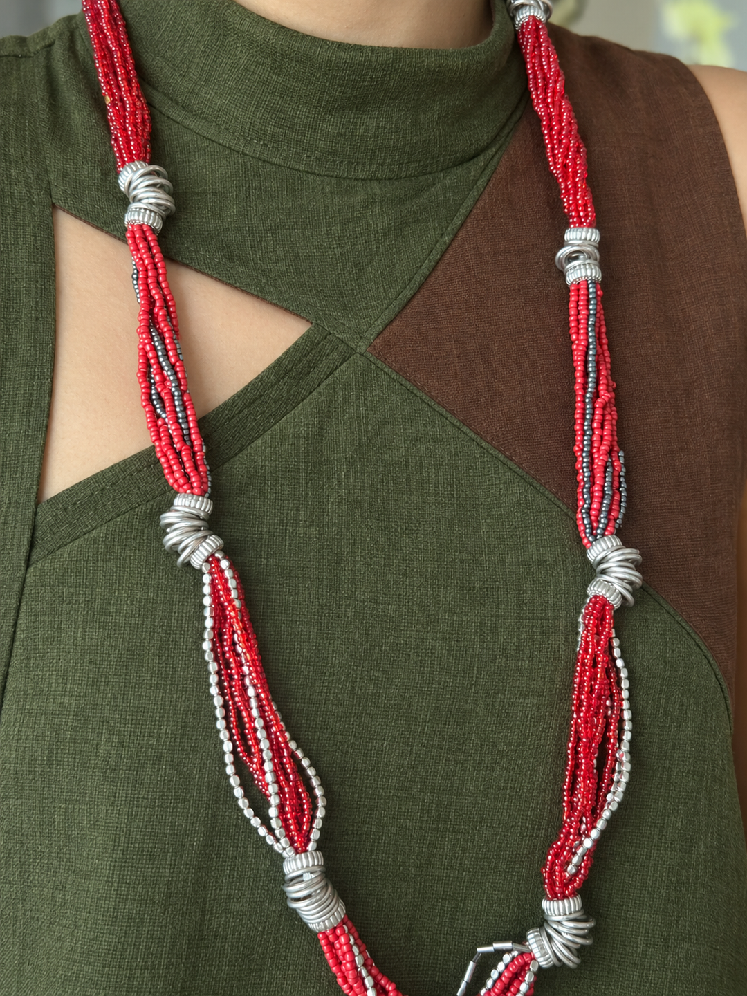 Red Beaded Necklace with Silver Spirals