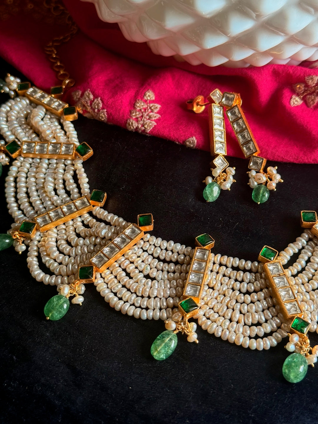 925 Silver Freshwater Pearl Kundan Necklace Set | SHIVKA