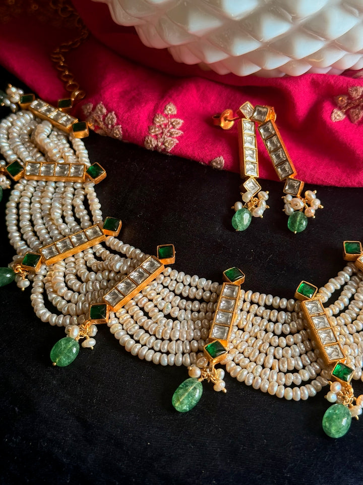 925 Silver Freshwater Pearl Kundan Necklace Set | SHIVKA