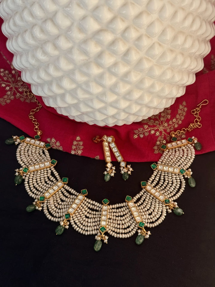 925 Silver Freshwater Pearl Kundan Necklace Set | SHIVKA