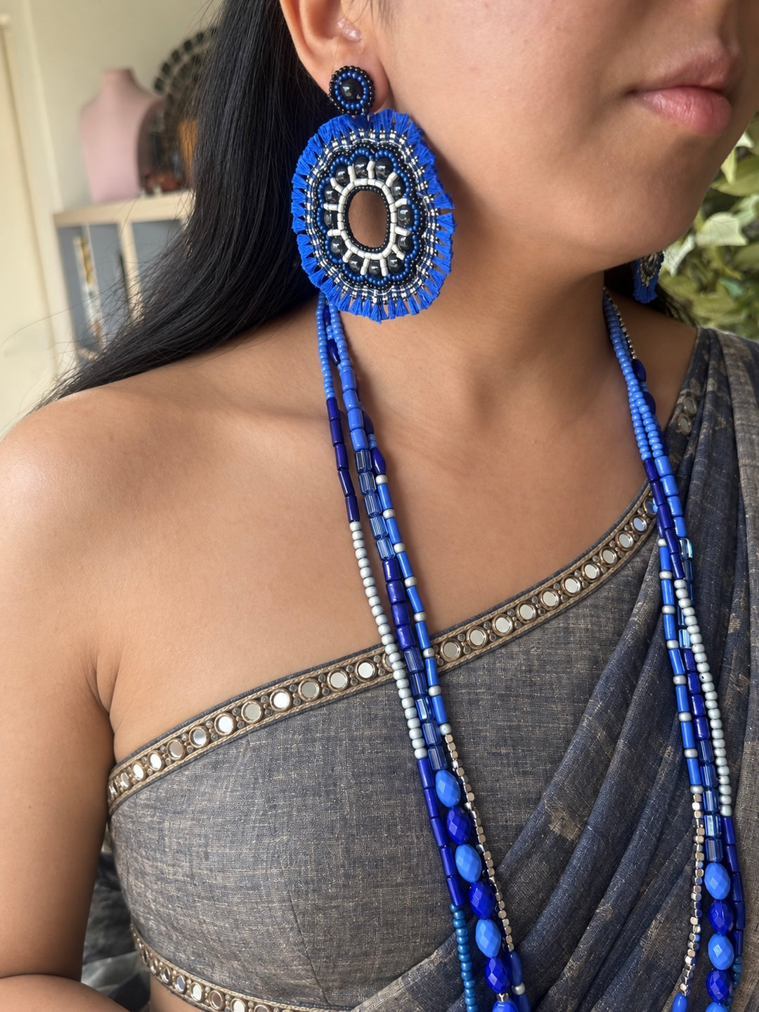 Blue and Silver Beaded Necklace with Statement Earrings