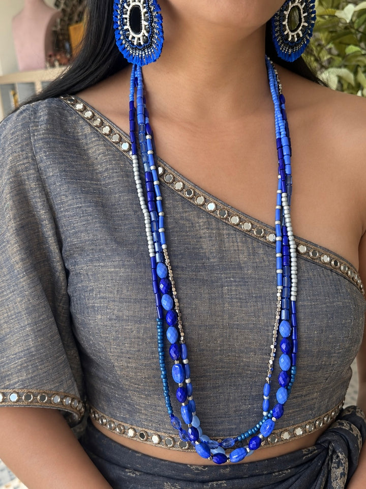 Blue and Silver Beaded Necklace with Statement Earrings