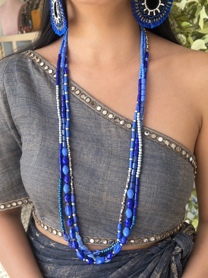 Blue and Silver Beaded Necklace with Statement Earrings
