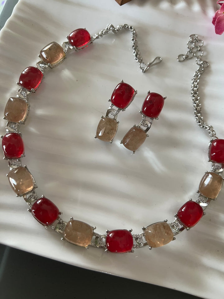 Statement Doublet Stone Necklace with Earrings - Unmatched Quality and Style