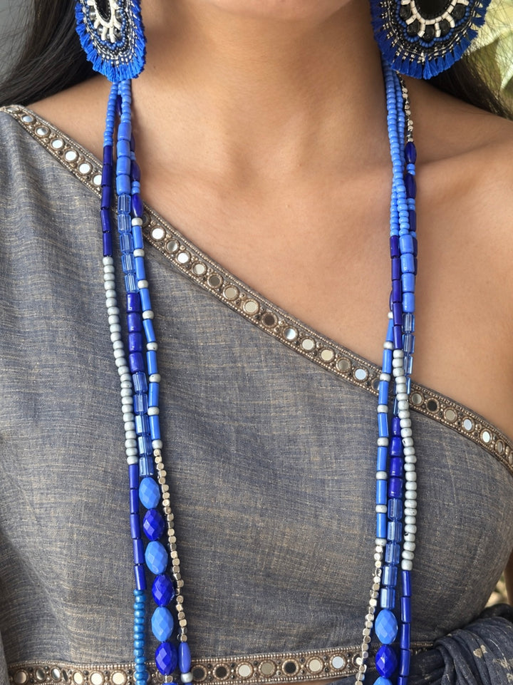 Blue and Silver Beaded Necklace with Statement Earrings