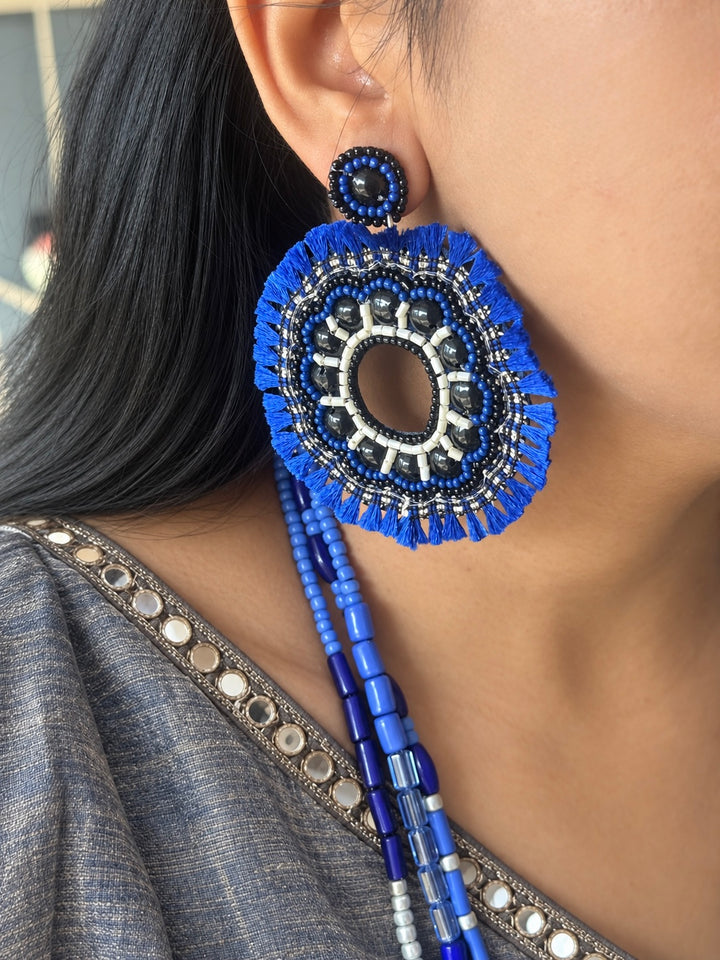 Blue and Silver Beaded Necklace with Statement Earrings