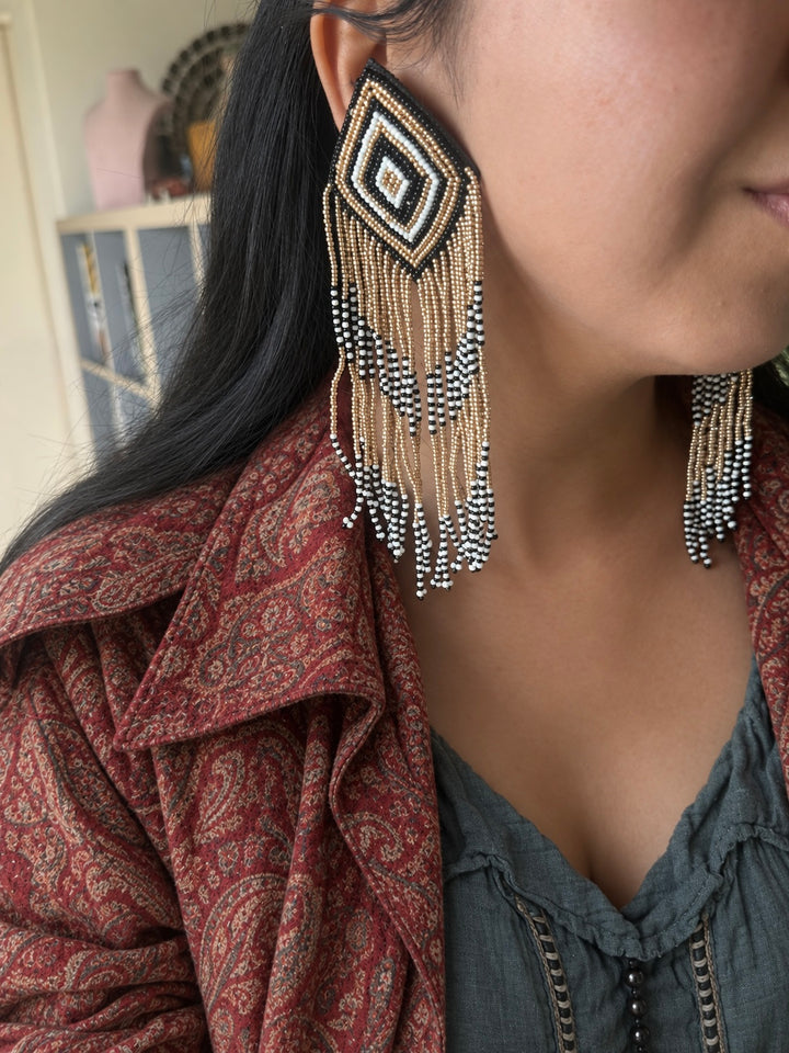 Black and Gold Geometric Tassel Earrings