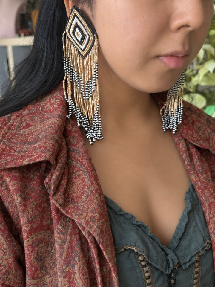 Black and Gold Geometric Tassel Earrings