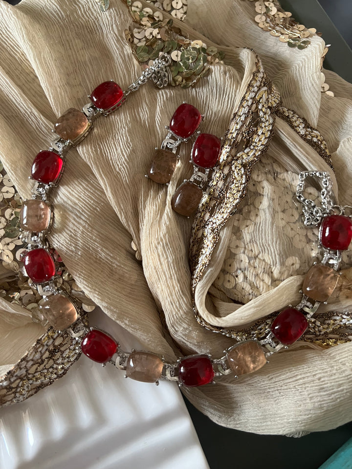 Statement Doublet Stone Necklace with Earrings - Unmatched Quality and Style