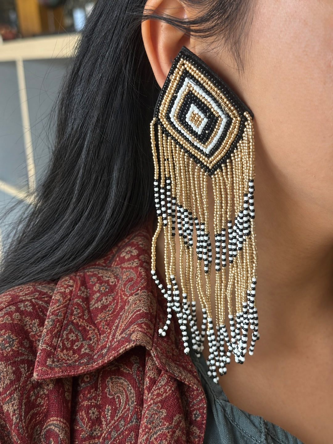 Black and Gold Geometric Tassel Earrings
