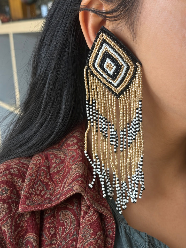 Black and Gold Geometric Tassel Earrings