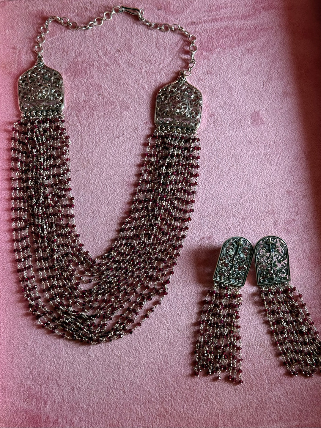 Handmade 925 Silver Red Garnet Beads Necklace Set | SHIVKA