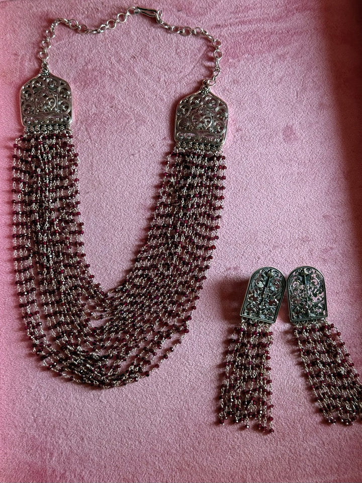 Handmade 925 Silver Red Garnet Beads Necklace Set | SHIVKA