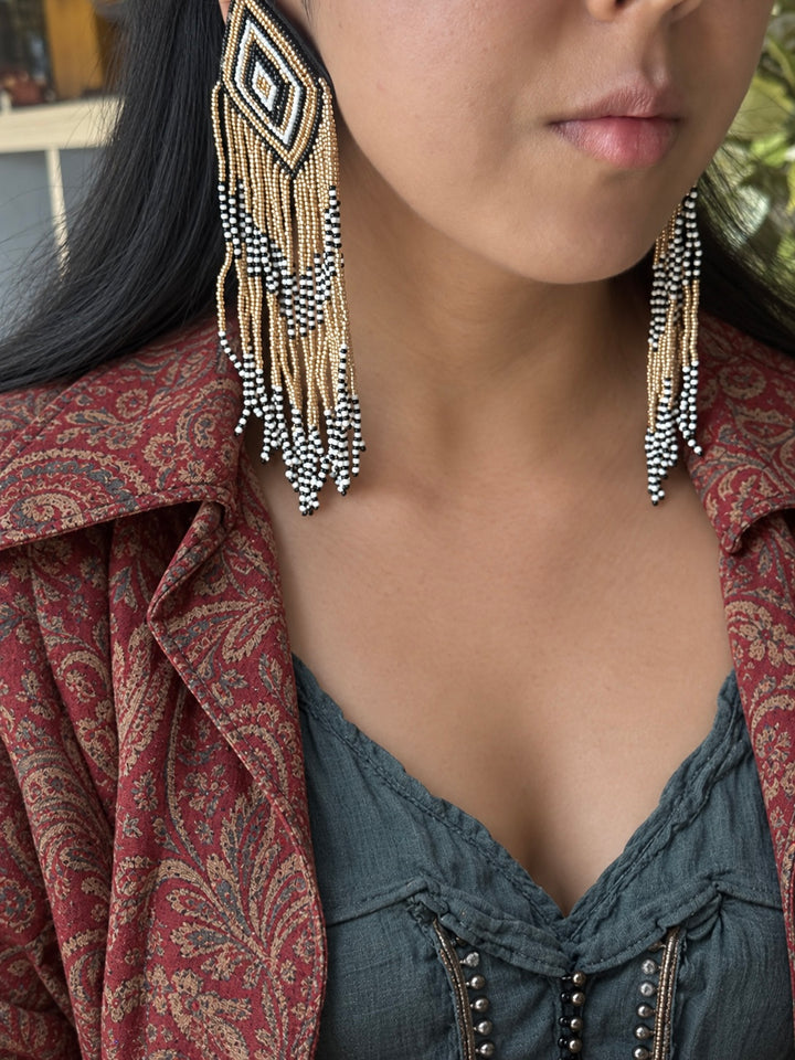 Black and Gold Geometric Tassel Earrings