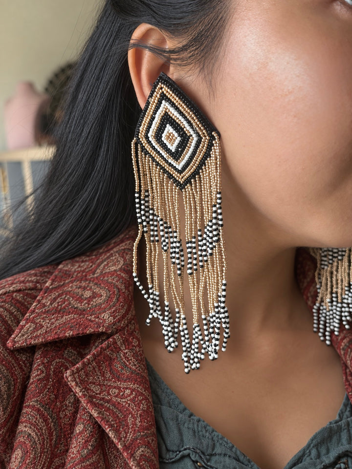 Black and Gold Geometric Tassel Earrings