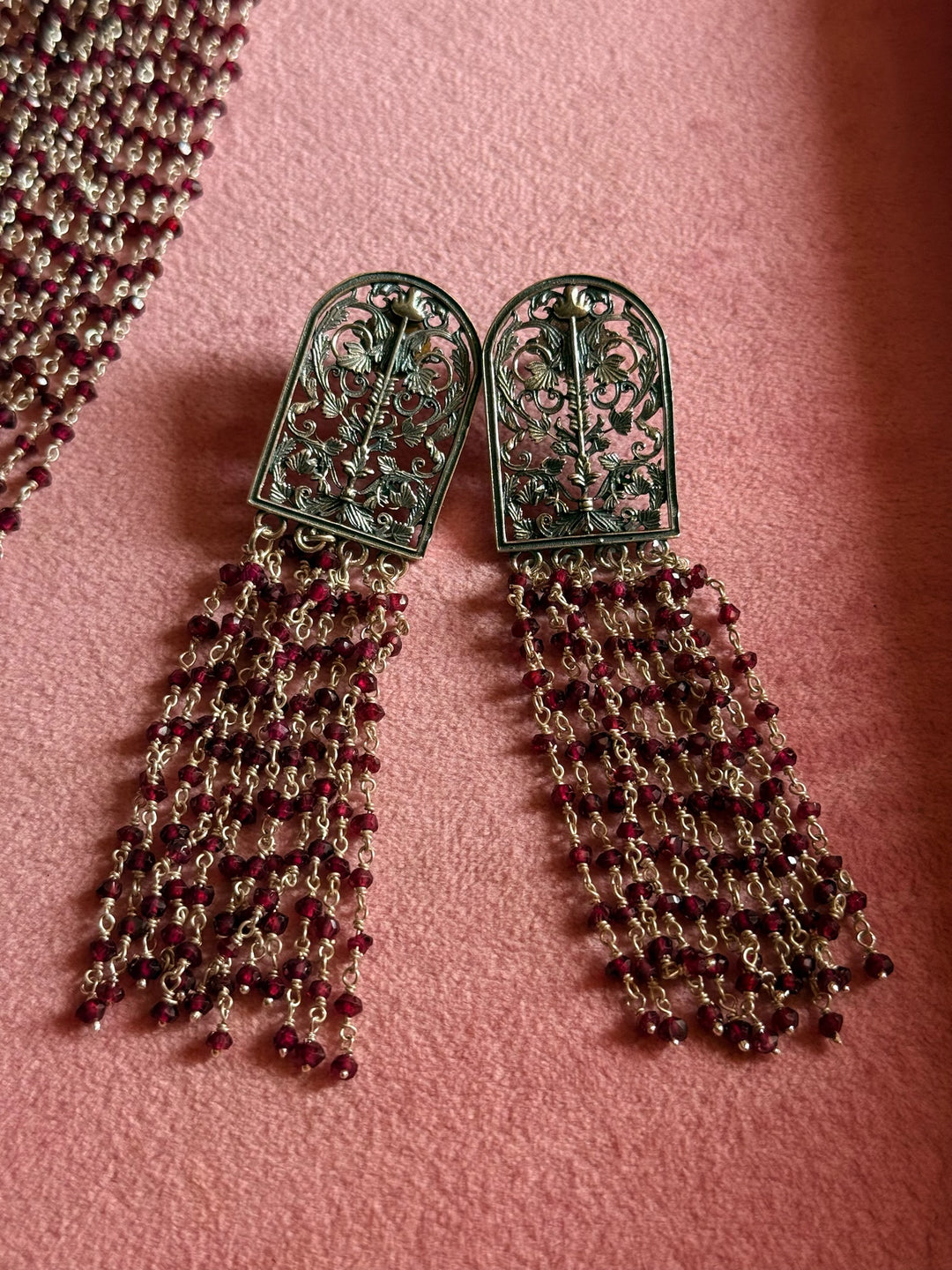 Handmade 925 Silver Red Garnet Beads Necklace Set | SHIVKA