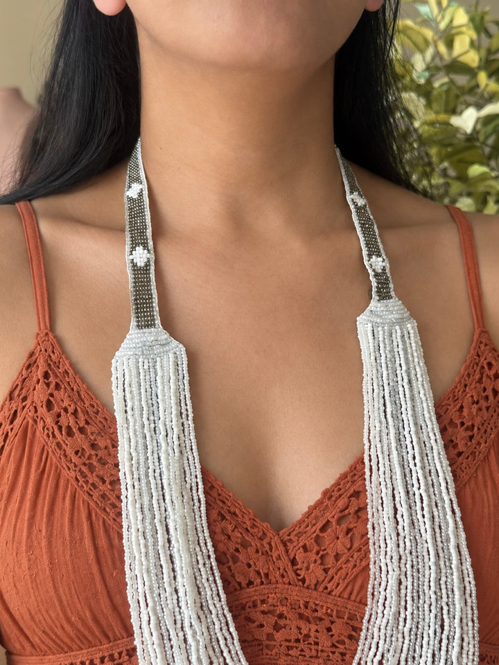White Beaded Long Beach Necklace