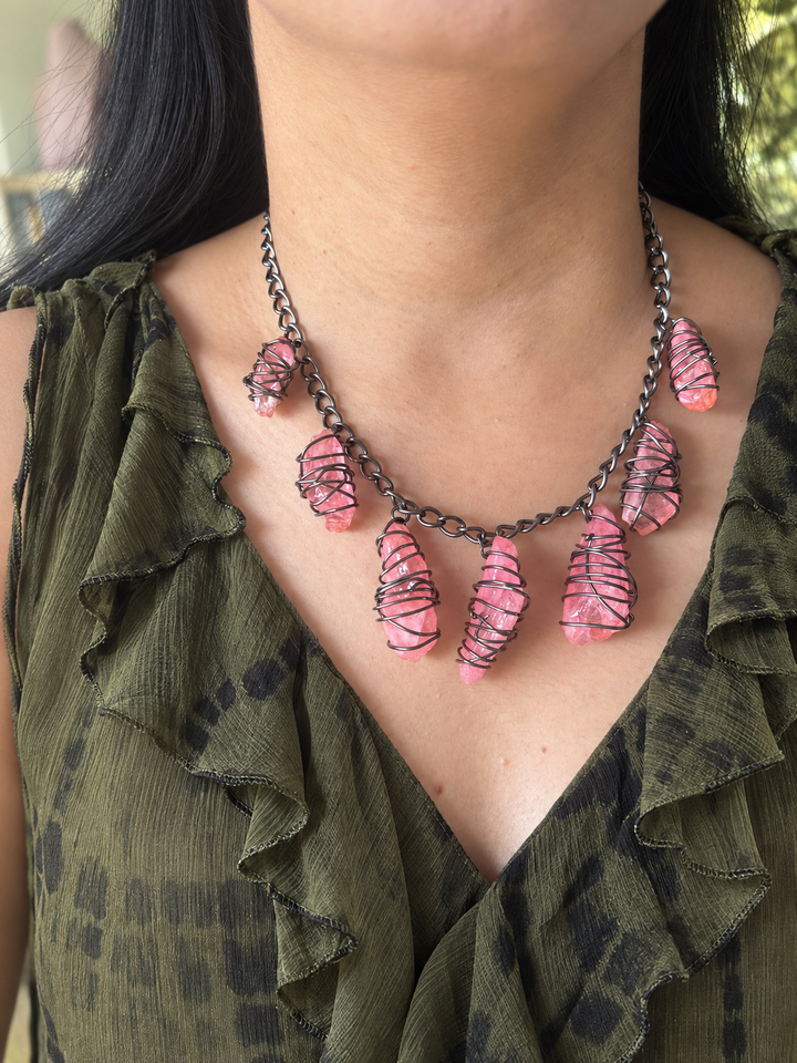 Pink Quartz Statement Necklace in Black Rhodium Finish