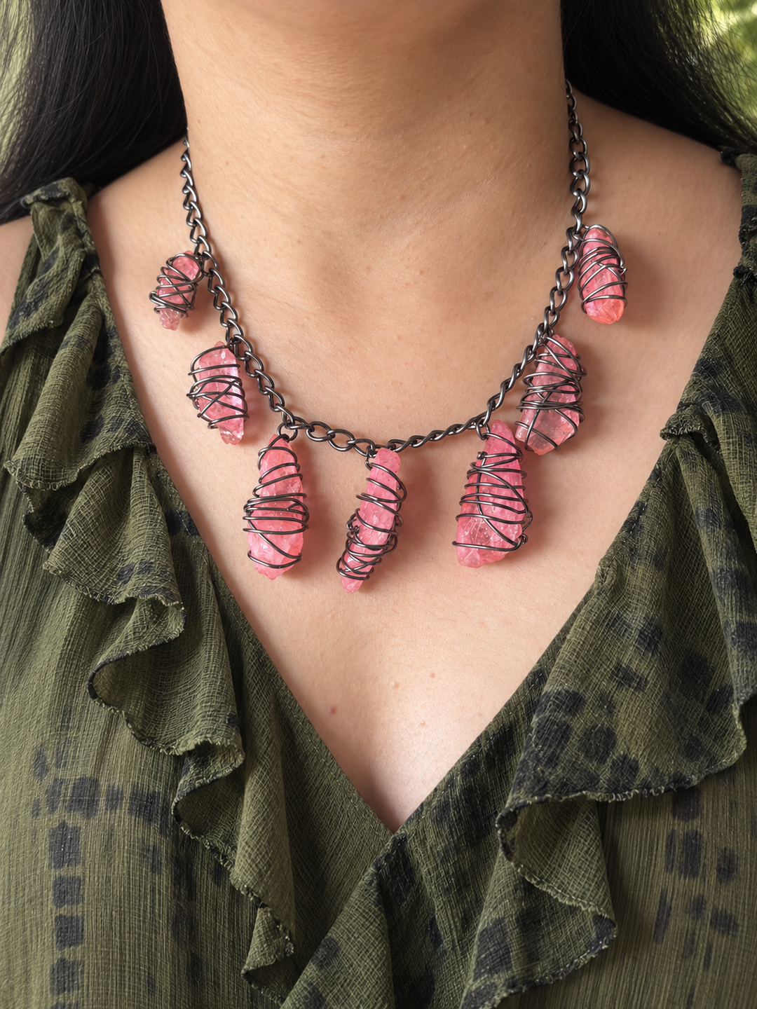 Pink Quartz Statement Necklace in Black Rhodium Finish