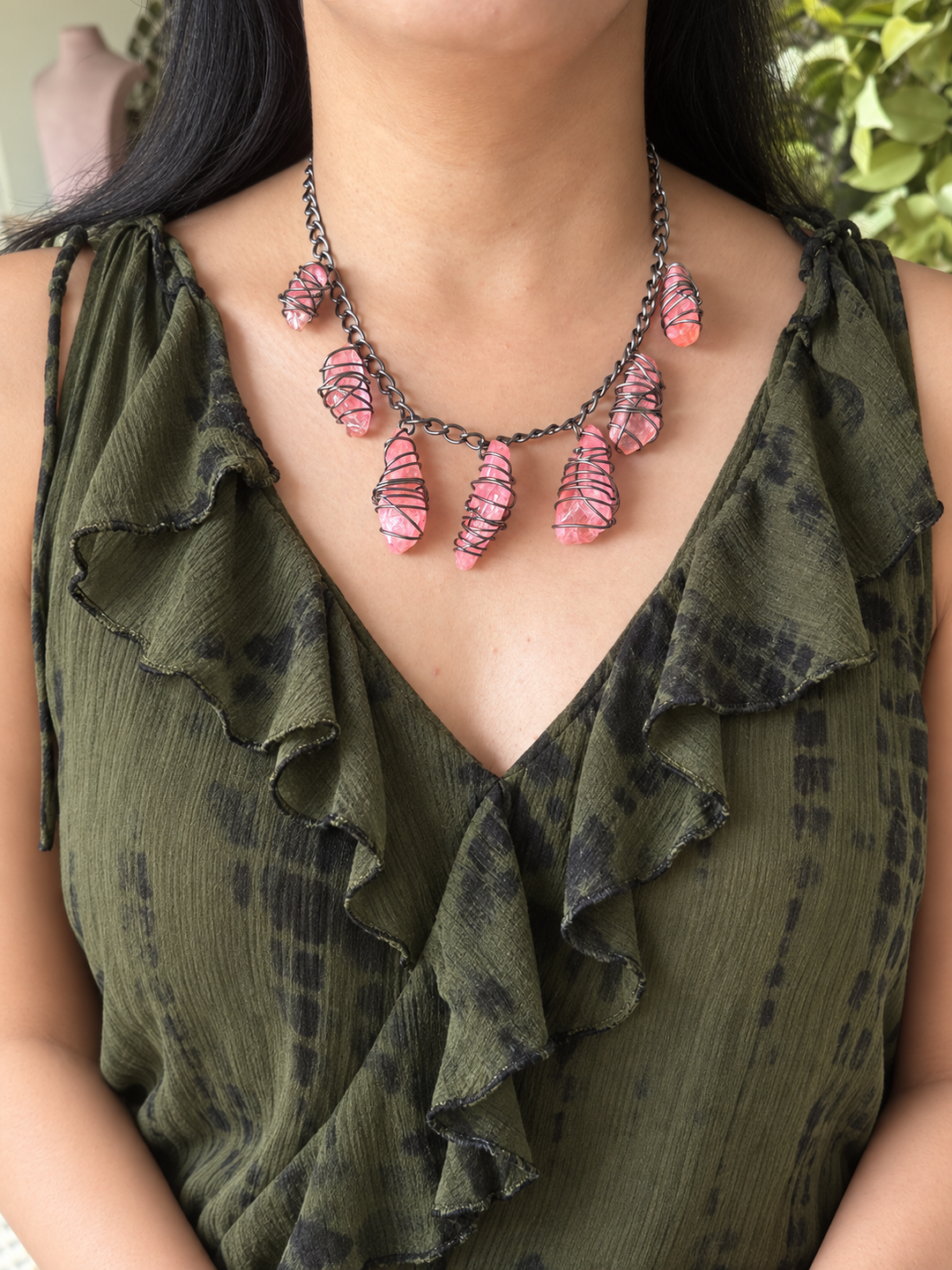 Pink Quartz Statement Necklace in Black Rhodium Finish