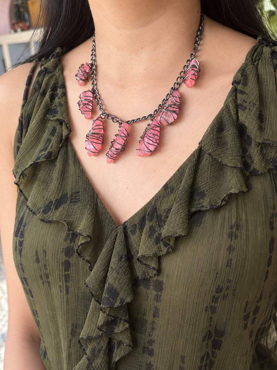 Pink Quartz Statement Necklace in Black Rhodium Finish