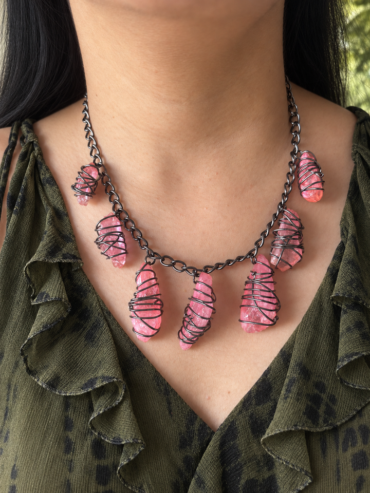 Pink Quartz Statement Necklace in Black Rhodium Finish