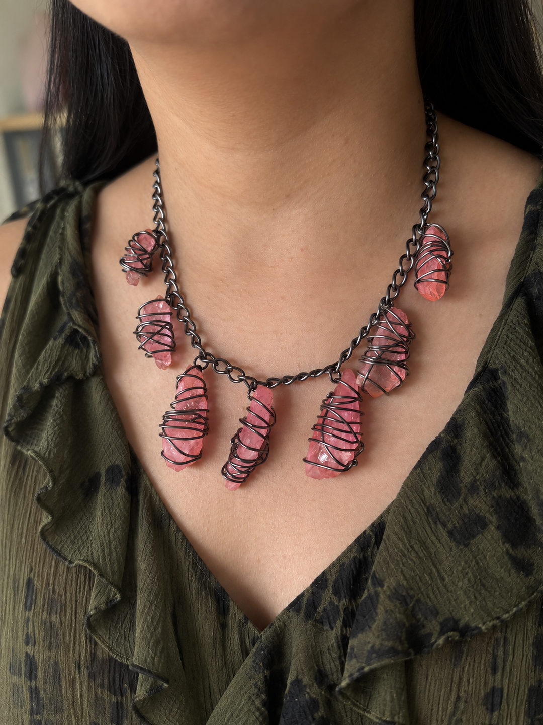 Pink Quartz Statement Necklace in Black Rhodium Finish