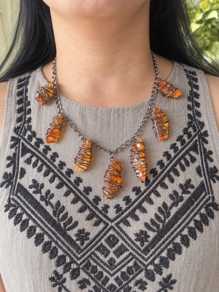 Orange Raw Stone Necklace in Black Rhodium Finish