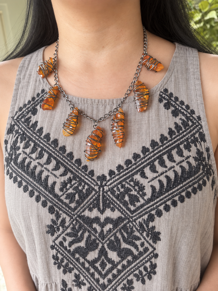Orange Raw Stone Necklace in Black Rhodium Finish