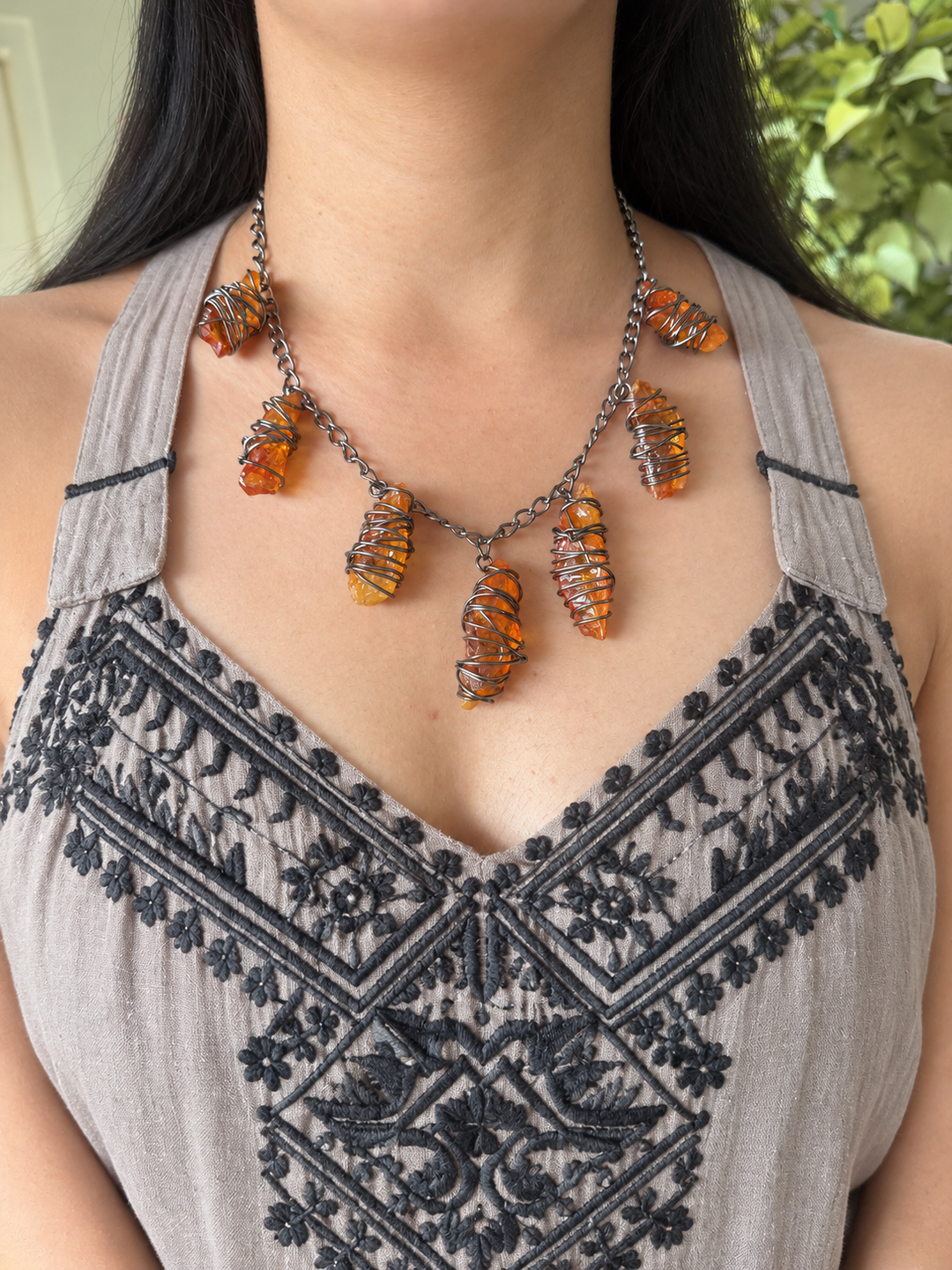 Orange Raw Stone Necklace in Black Rhodium Finish