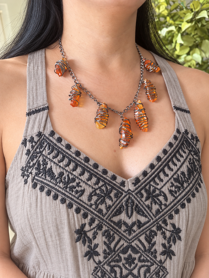 Orange Raw Stone Necklace in Black Rhodium Finish